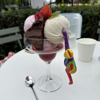 Vegan vanilla and strawberry ice cream with brownie and raspberry sauce (asked to change chocolate ice cream and chocolate sauce).  at Smultronstället in Soederkoeping