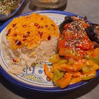 saffron rice with grilled veggies at meet me halfway in Berlin