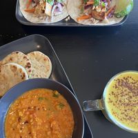 Tofu tacos, soup of the day (dhal), turmeric latte   at Orange Cafe Bar in Mousehole