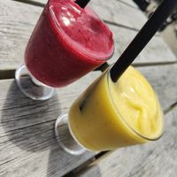 Mango/kiwi and strawberry/raspberry smoothies at Orange Cafe Bar in Mousehole