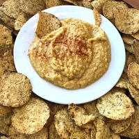 Falafel chips with hummus  at Avatara Pizza in Calgary