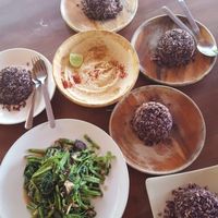 Hummus (without oil), morning glory and mushroom dish, brown rice. at Orion Cafe in Koh Phangan