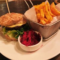 Mushroom burger with sweet potato friess  at Orion Cafe in Koh Phangan