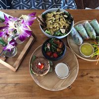 Cesar salad, Tofu burger, rice rolls at Orion Cafe in Koh Phangan