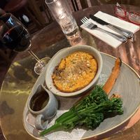 Vegan lentil cottage pie and vegan Malbec   at The Blackfriar in London