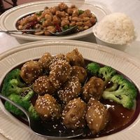 Sesame chikn (front) and kung pao chikn  at Harmony Cafe in Washington