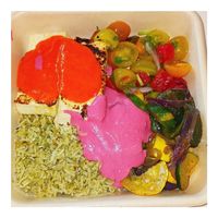 Miso Tofu w/ chili garlic sauce, Chunky watermelon pico, Summer Squash medley, Basmati Rice, Beet hummus. at Little Beet in Garden City