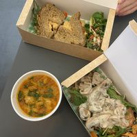 Hummus and veg sandwhich, mushroom sourdough and tomato, pesto soup to takeawayy  at The Heron Cafe in Corbridge