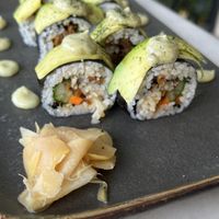 Avocado and teriyaki mushroom sushi - the best sushi I have ever tried. I will keep dreaming about this.  at Plant Bistro in Ubud