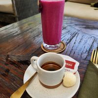 Espresso and dragonfruit smoothie at Plant Bistro in Ubud