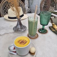 Matcha and golden latte at Plant Bistro in Ubud