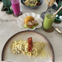Carbonara, protein bowl, red Dragon, and green shake, turmeric, tuna, croissant  at Plant Bistro in Ubud