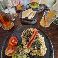 Tofu carbonara, muhamara dip and classic burger. Also pictured is lychee ice tea and apple and cinnamon kombucha (which tasted like you were drinking an apple pie!) at Plant Bistro in Ubud