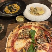 Pumpkin gnocci, calamari, and aubergine pizza   at Plant Bistro in Ubud