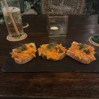 Bruschetta salmon and lychee iced tea   at Plant Bistro in Ubud