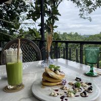 Blueberry pancakes and green smoothie   at Plant Bistro in Ubud