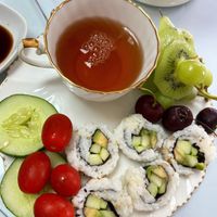 Vegan dish including sushi, veggies & fruit w/ tea   at The Tea Corner Emporium  in Oscoda