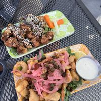 Smoked Cauliflower Wings with peanut satay sauce and Calamari   at Buffalo Rouge Brewing in Kelowna