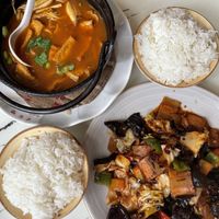 Tofu mushroom claypot (hat trick) and spicy vegetarian pork with mushrooms and cabbage  at Gong De Lin in Melbourne