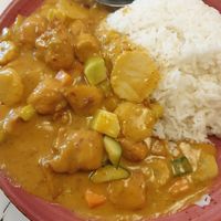 Curry chikn w/rice 15.80: yum, perfect heat and flavour but strangely they started adding cucumber and water chestnuts which does not suit  at Gong De Lin in Melbourne