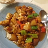 Stirfried eggplant, potato, capsicum 19.80 +3 with rice: really tasty sauce although a bit tangy at Gong De Lin in Melbourne