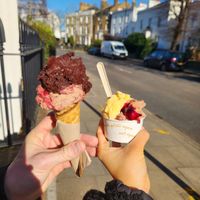 Black Forest Cherry and dark chocolate (left), mandarin and back forest cherry (right). All vegan!  at Gelateria Romeo & Giulietta in North London