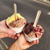 Mango, black cherry praline and chocolate sorbet. at Gelateria Romeo & Giulietta in North London