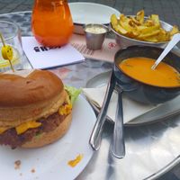 Vegan burger, tomato soup and fries at Fret  in Den Bosch