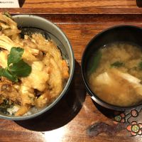 Today’s lunch is Yuba no kakiage or soy milk skin and veggies tempura and a piping bowl of soup.    at Harada Tofu Shop in Ashikaga