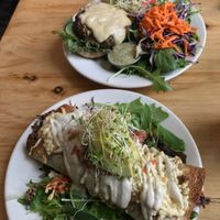 Burrito and Mushroom Burger!  at Superfresh Organic Cafe in Brattleboro
