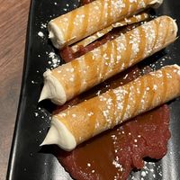Vegan cheesecake wonton cannolis with tart cherry and caramell  at Dharma Bums in New Hope