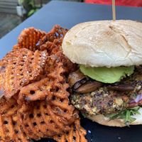 GBK burger with added shrooms and sweet potato fries at Green Bar and Kitchen in Fort Lauderdale