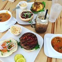 burgers, soup of the day, and cold brewed coffee  at Green Bar and Kitchen in Fort Lauderdale
