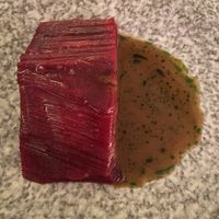 Millefeuille beetroot, umami beurre blanc - vegan   at Hytra in Athens