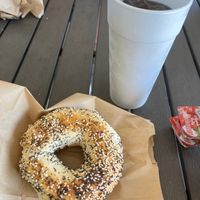 Everything bagel with jams noticiable on the side  at Bagels 'r US & Deli #3 in Jacksonville Beach