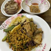 Roast duck, fried chicken, curry, and spicy fish(?)  at Ruean Thong Veg Food in Hua Hin