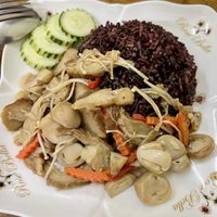 Veggies, mock meat and rice   at Ruean Thong Veg Food in Hua Hin