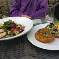 Beetroot falafel salad with humous and vegan vegetable seed pie (GF) at The Punchbowl Inn in Woodstock