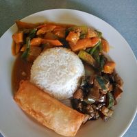 Eggplant and veggies dish with spring roll at Andrea's Kawayan Eatery in Panglao