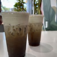 Cold brew with oat milk. One with lavender syrup, one with hazelnut syrup. Brown sugar topping  at Wild Açaí in Montrose