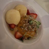 Apricot with pumpkin seeds and sorbet  at LaFrida Restaurant in Cabo San Lucas