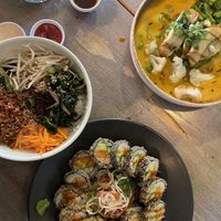 bibimbap, king oyster mushroom curry and crunchy sweet potato sushi  at Chay Chay by royals and rice in Muenster