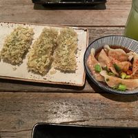 Green rice sticks, steamed korean dumplings, Matcha Lemonade   at Chay Chay by royals and rice in Muenster
