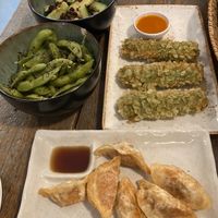 Edamame, smash cucumber, crispy tofu rice sticks, crispy Korean dumplings  at Chay Chay by royals and rice in Muenster
