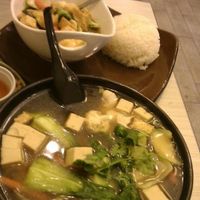 Tofu veggie noodle soup, and veggie curry with rice. at Taste of Saigon in Calgary