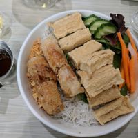 Fried tofu and vegan veggie spring rolls bun with imitation (vegan) 'fish' sauce at Taste of Saigon in Calgary