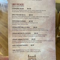 lunch side of the vegan menu  at Toast Coffee + Kitchen in Long Beach