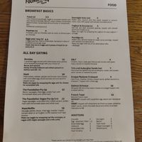 Food Menu, Vegan options clearly marked. at Foundation Coffee House in Manchester