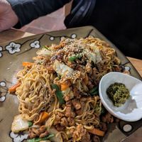 Yakisoba with soy meat at El Búho in San Marcos La Laguna