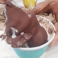 Plant based vanilla soft serve dipped in espresso chocolate at La Diperie in St Petersburg